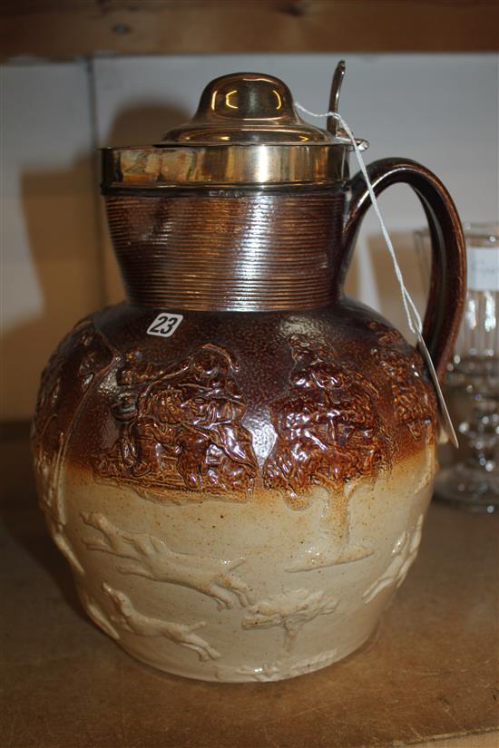 Silver-mounted salt-glazed stoneware hunting jug